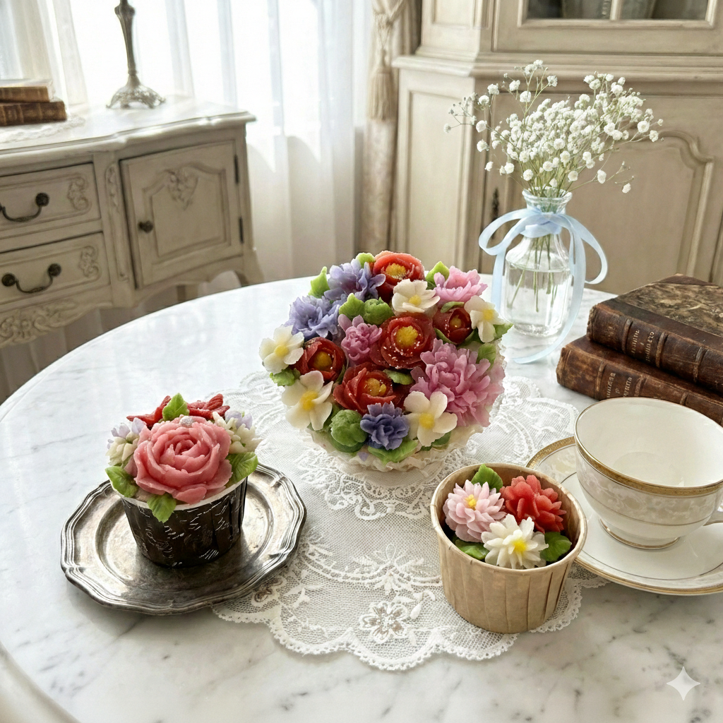 豊中のあんこで作るお花教室 Atelier花華で作ったお花絞りのカップケーキ