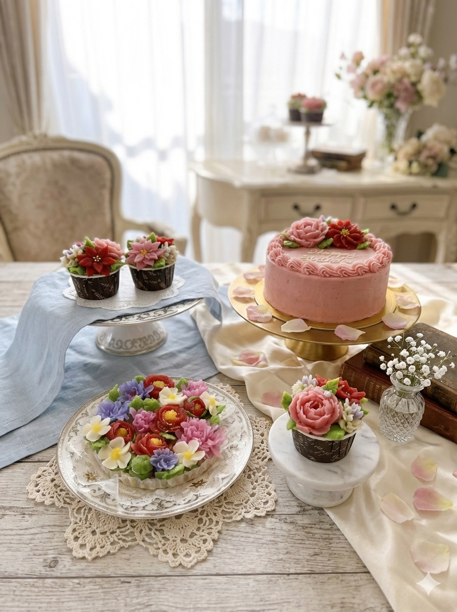豊中のあんこで作るお花教室 Atelier花華で作ったお花絞りのカップケーキ